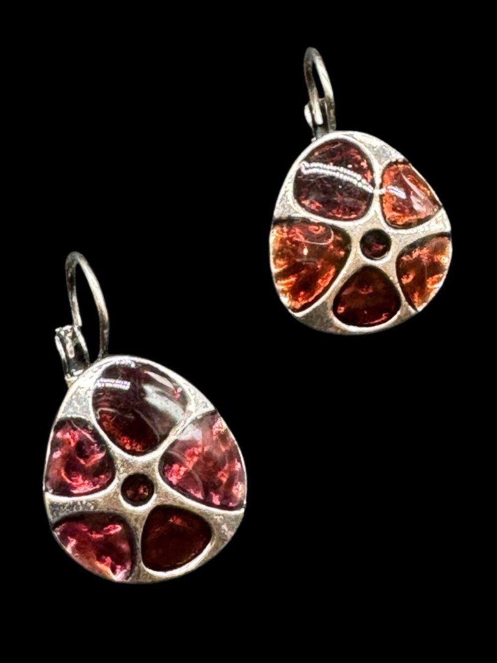 Silver Tone Dangling Pierced Earrings Burgundy Red Accents